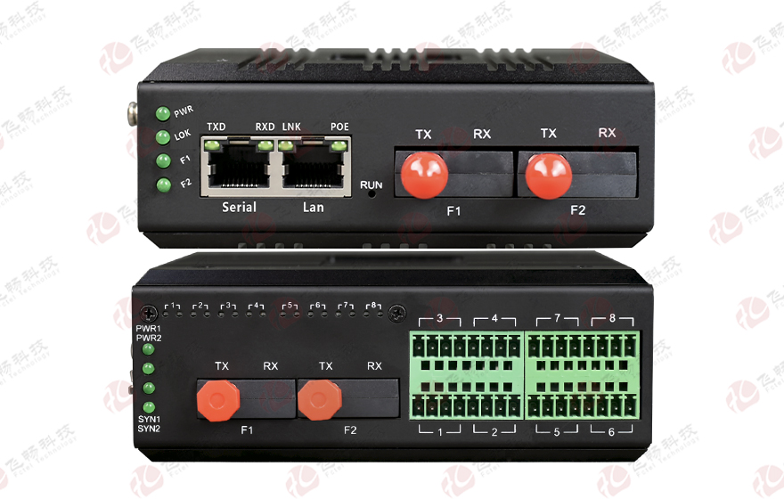 飞畅科技-<b>工业轨式 16路DIDO AIAO 光纤自愈环网  ModBus RTU&TCP 采集器</b>